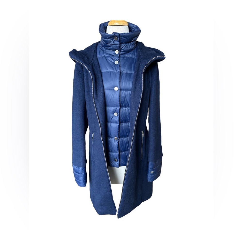 Soia & Kyo Woman’s Hooded Mixed Media Cost With Inner Puffer Bib And Sleeves